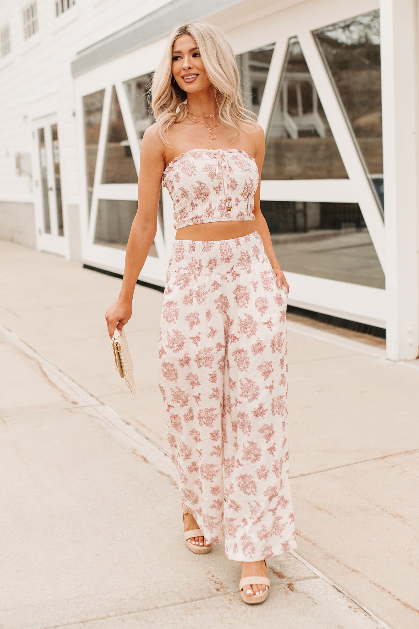 Sugar & Sunshine Floral Smocked Bandeau And Pants Set (Burgundy)
