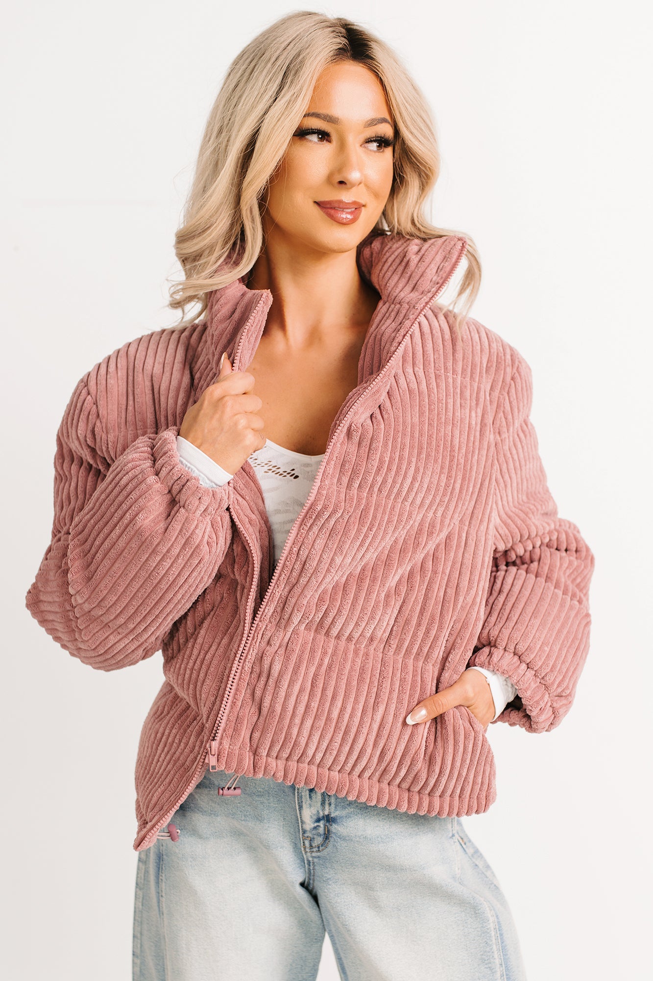 Purely Casual Corduroy Puffer Jacket (Mauve)