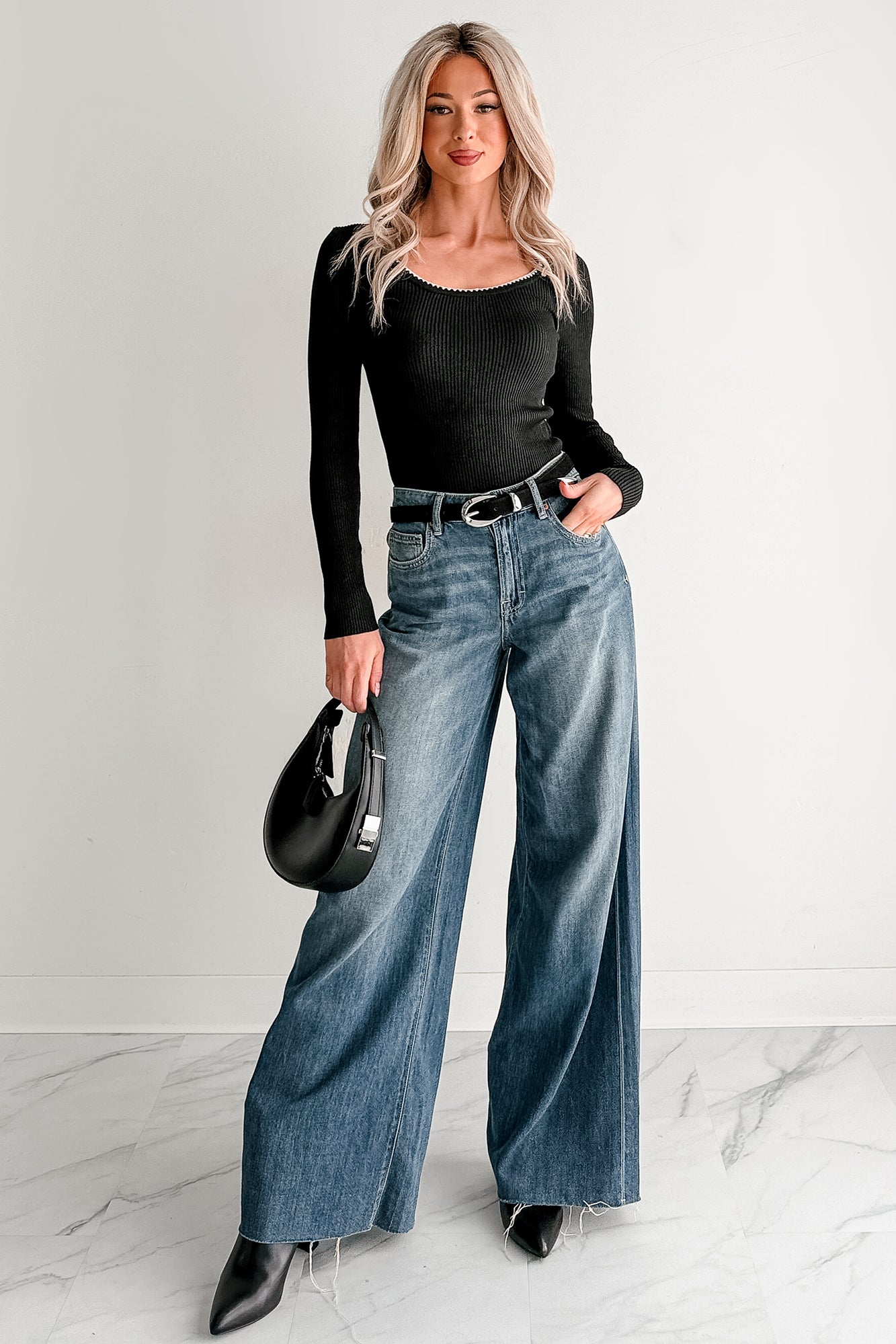 Piece Of Me Rib Knit Contrast Stitch Fitted Long Sleeve Top (Black)