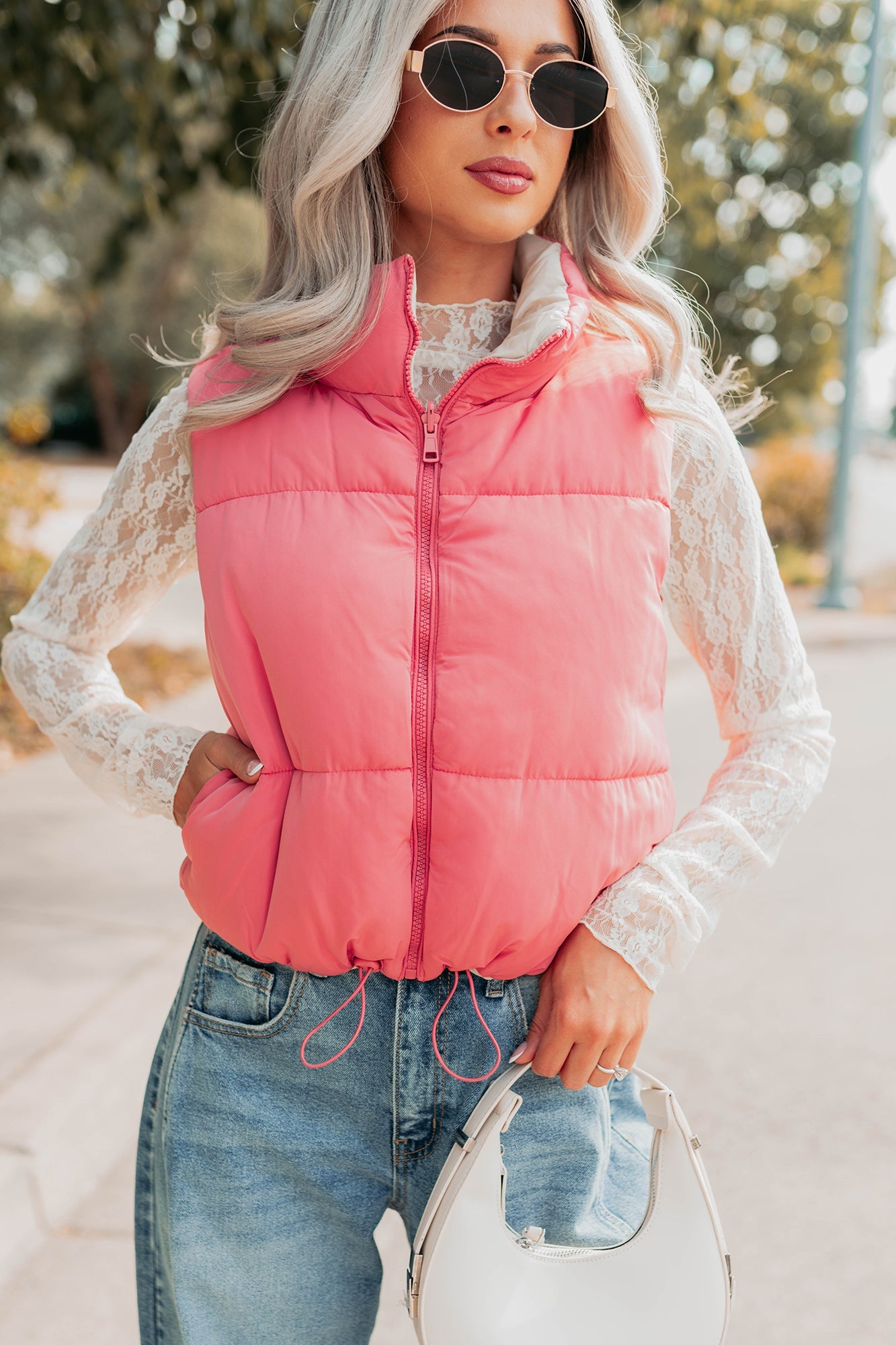 On The Reverse Side Reversible Puffer Vest (Hibiscus/Beige)