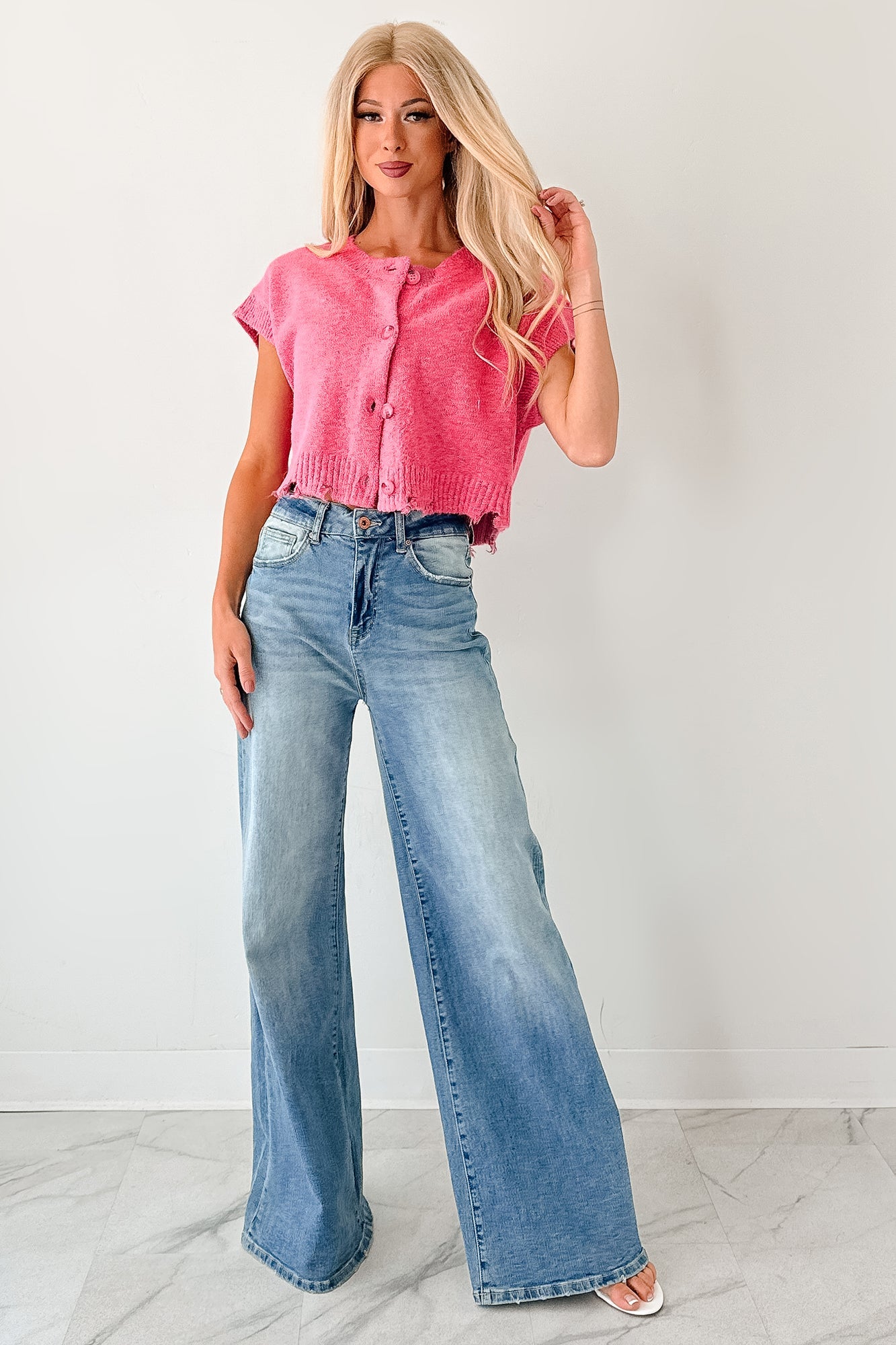 Undemanding Comfort Distressed Button-Up Sweater Vest (Pink)
