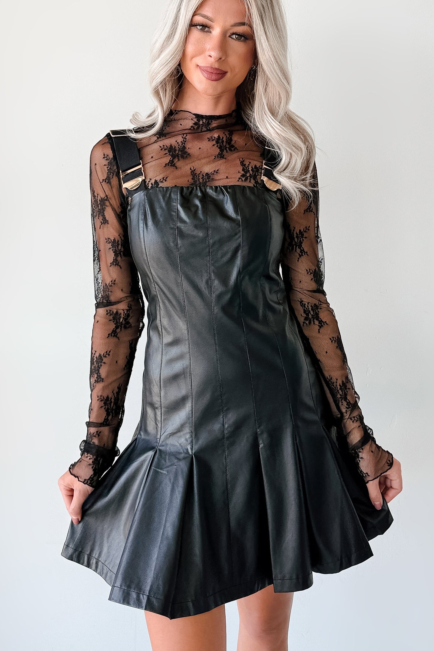 One Of None Pleated Faux Leather Dress (Black)