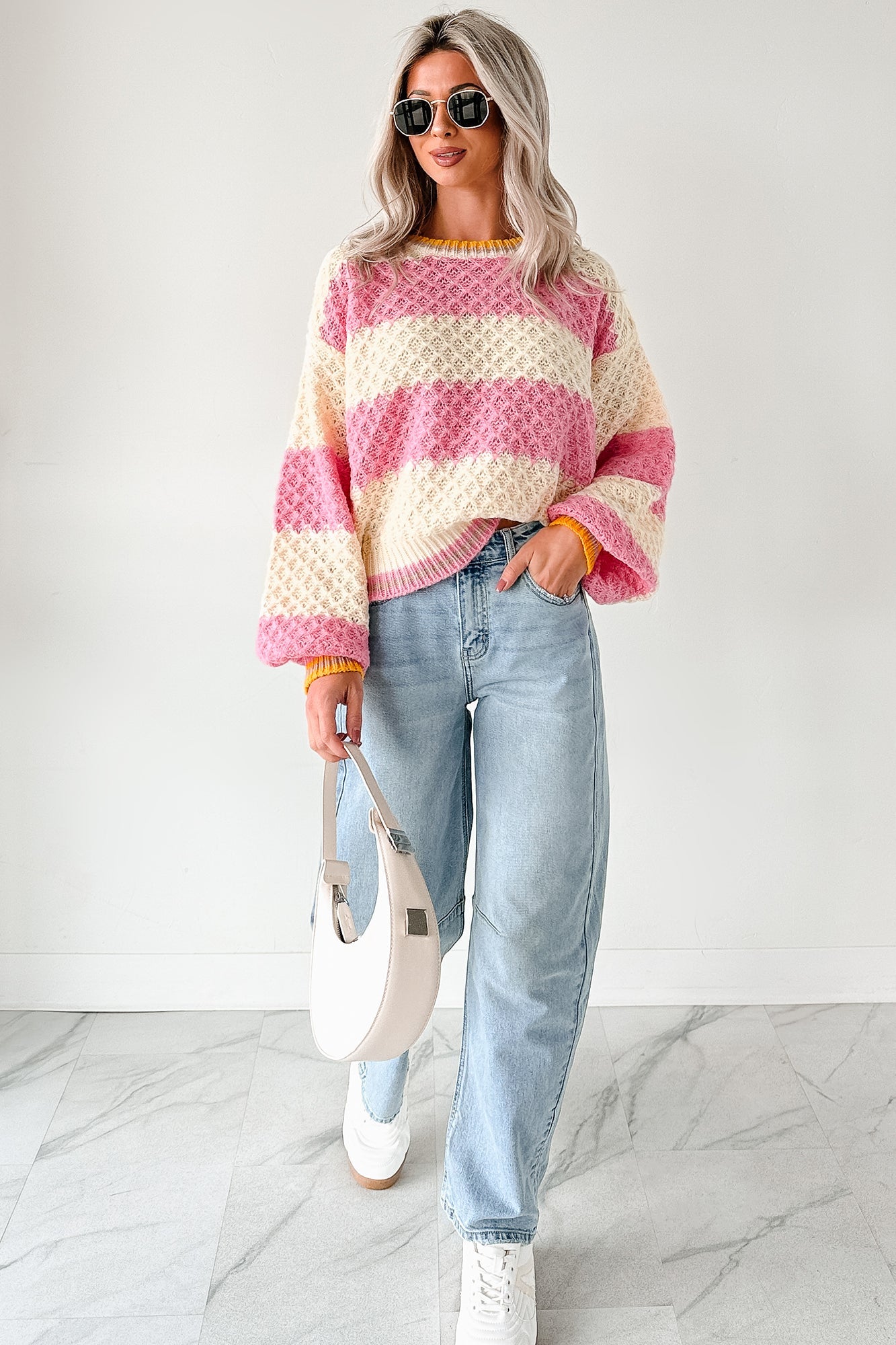 Warm Whispers Striped Crochet Knit POL Sweater (Pink)