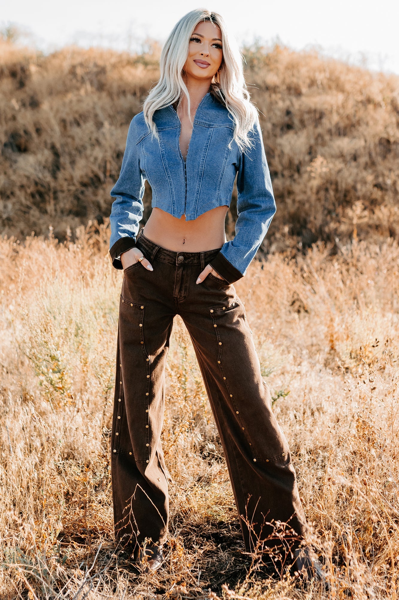 Peachy Prairie Cropped Denim Corset Jacket (Medium)