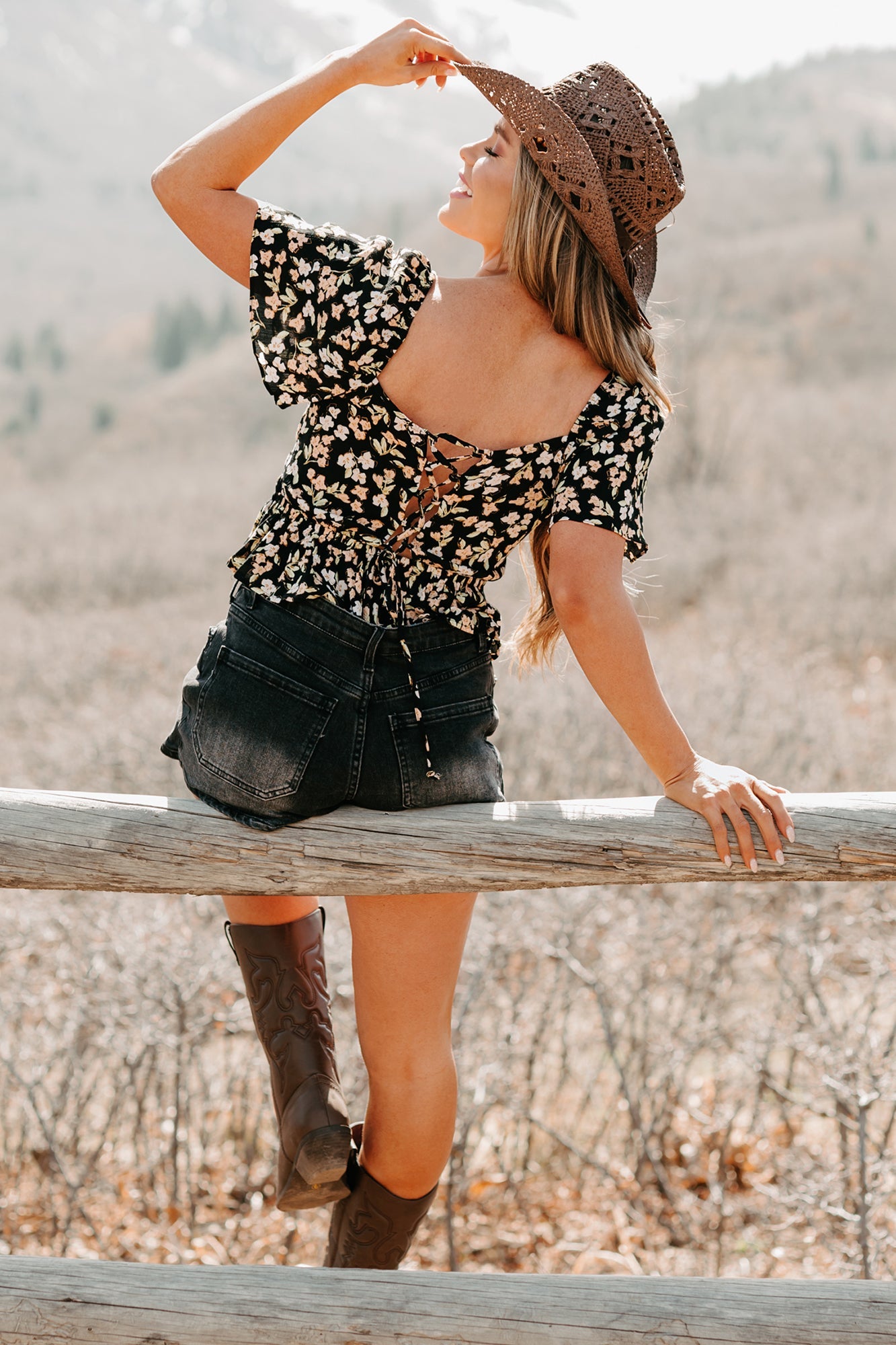 Whimsical Heart Smocked Floral Top (Black)